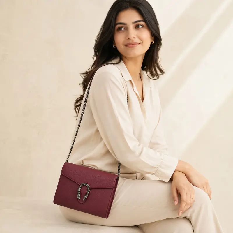 Aretha Wine Berry Leather Crossbody Bag with Chain Strap