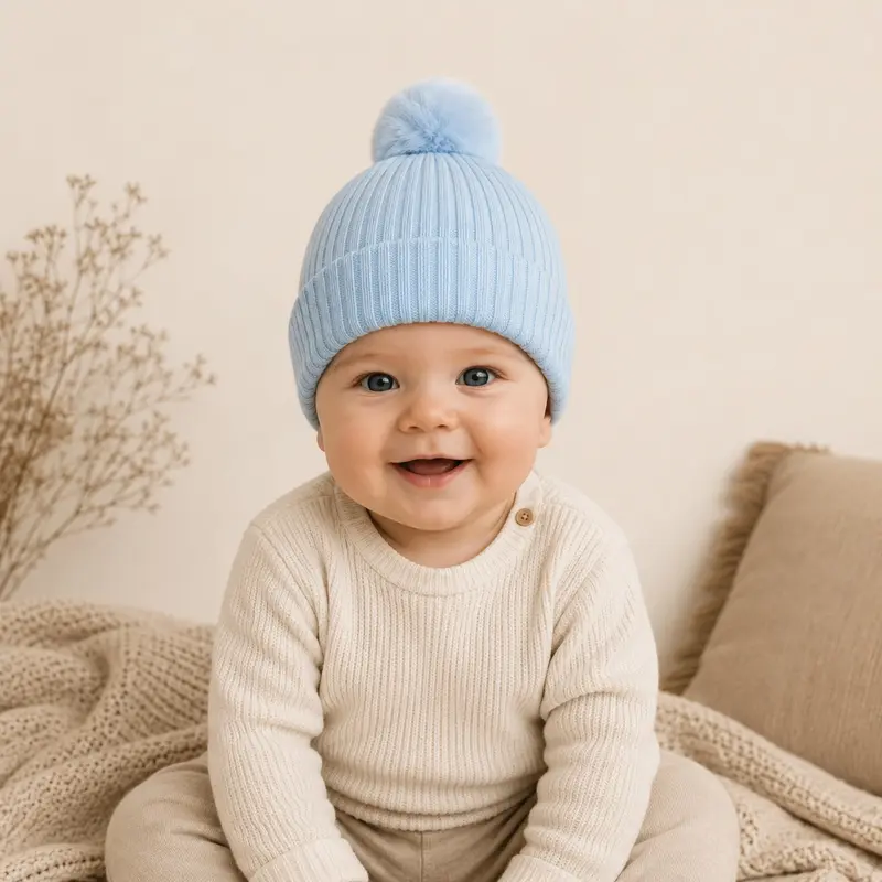 Baby Blue Winter Hat with Faux Fur Pompom