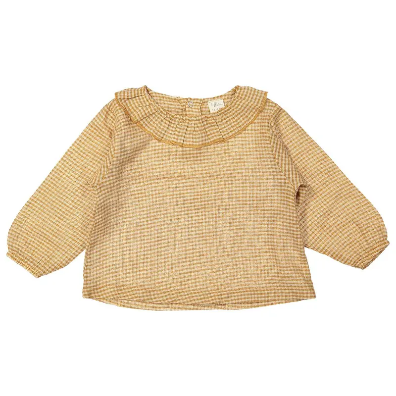 Blouse bruin geblokt - 70% biologisch katoen 30% linnen - Riffle Amsterdam