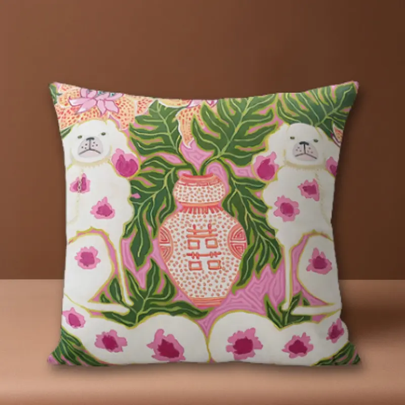 Blythe Kussenhoes - Microvezel, Roze Chinees Hondenmotief