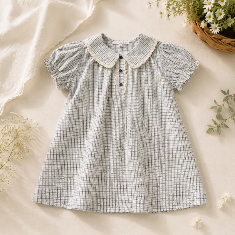 Check Dress – Zacht & ademend – Klassieke Kraag met pofmouwen