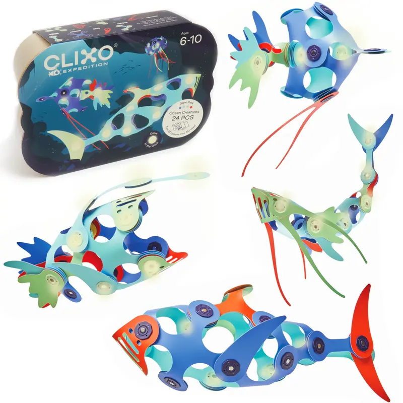 Clixo ocean creatures magnetische bouwset 24 st., lichtgevend in het donker