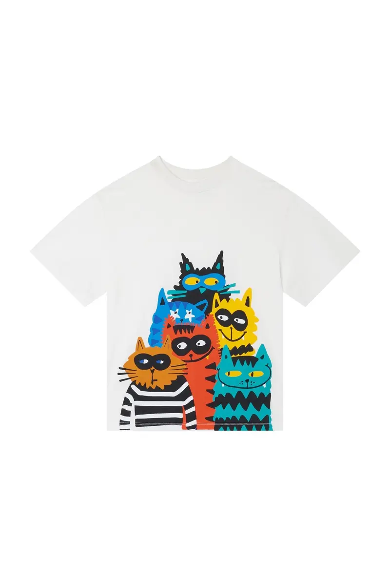Cotton Jersey T-Shirt With Cat Crew Print - ivory