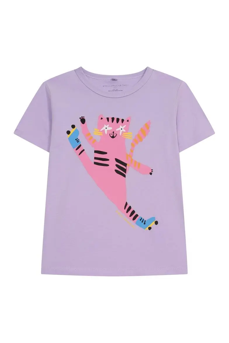 Cotton Jersey T-Shirt With High Kick Roller Cat Print - purple