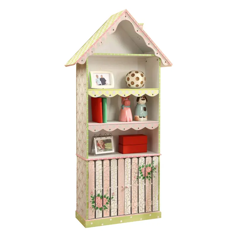 Fantasy Fields Crackled Rose Kids Wooden Bookcase Storage, 4 Tier Bookshelf & Drawers