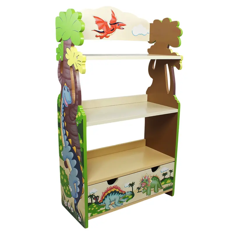 Fantasy Fields Dinosaur Kingdom Kids Wooden Bookcase, 3 Tier Bookshelf, Organiser with Storage