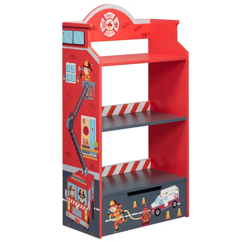 Fantasy Fields Little Firefighters Kids Wooden Bookcase Storage, 3 Tier Bookshelf & Organiser, Red