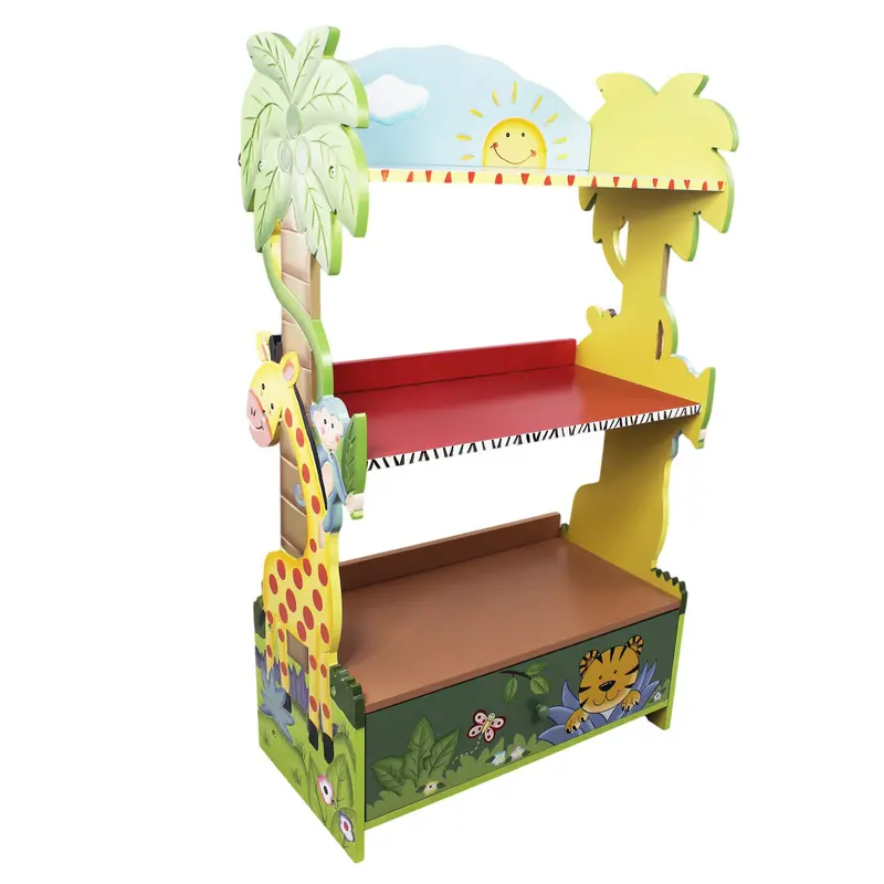 Fantasy Fields Sunny Safari Kids Wooden Bookcase, 3 Tier Bookshelf with Drawer