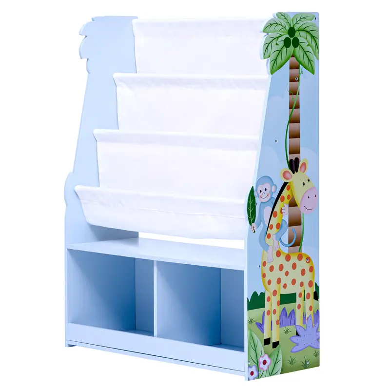 Fantasy Fields Sunny Safari Kids Wooden Bookcase, 4 Tier Bookshelf with Storage, Blue