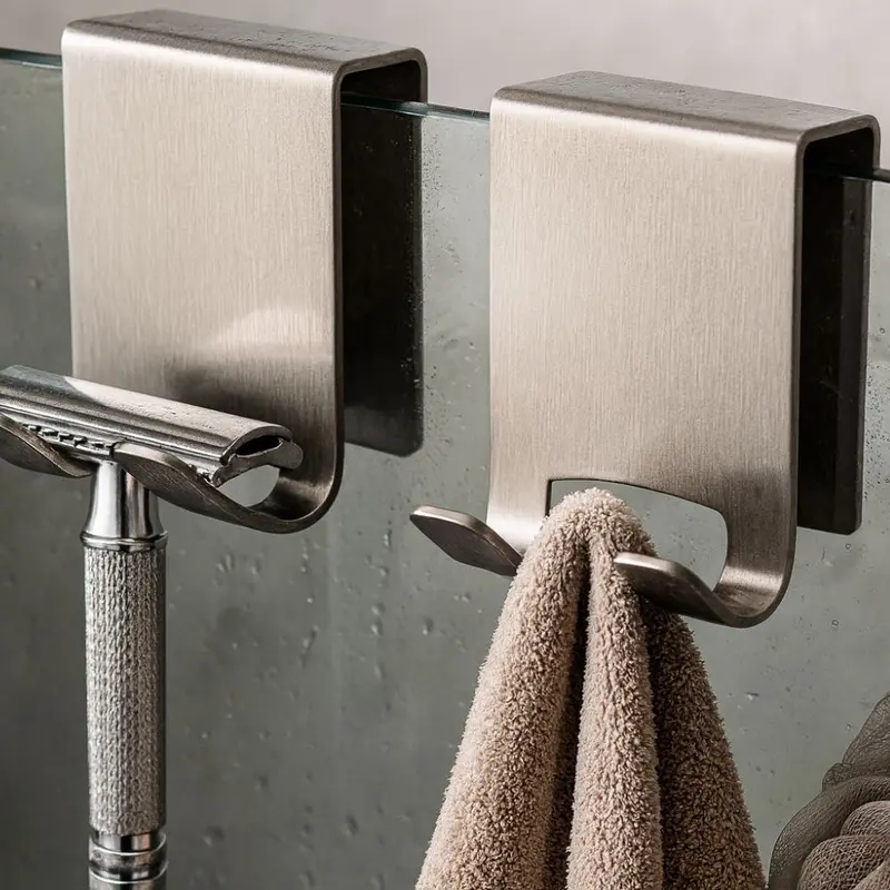 GlassHookSteel™ – RVS Douchedeur Haken – Frameless Glas Handdoekhaken Set