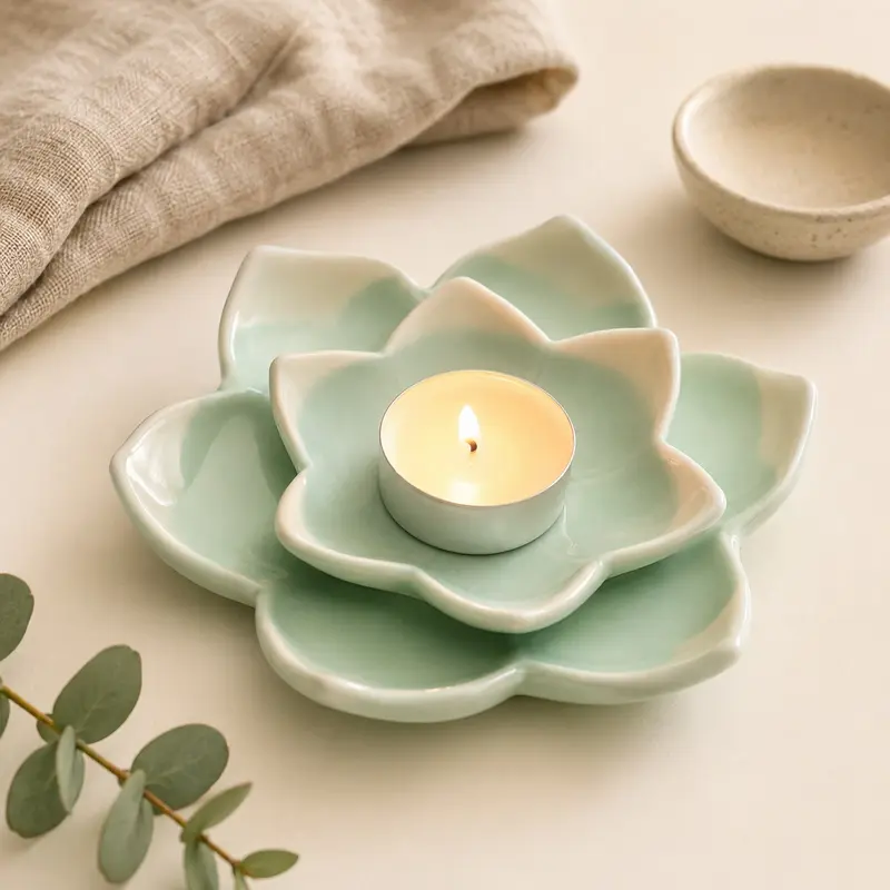 Green Ceramic Flower Tealight Holder – 15 cm