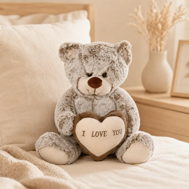 Grey Beige Teddy Bear with I Love You Heart
