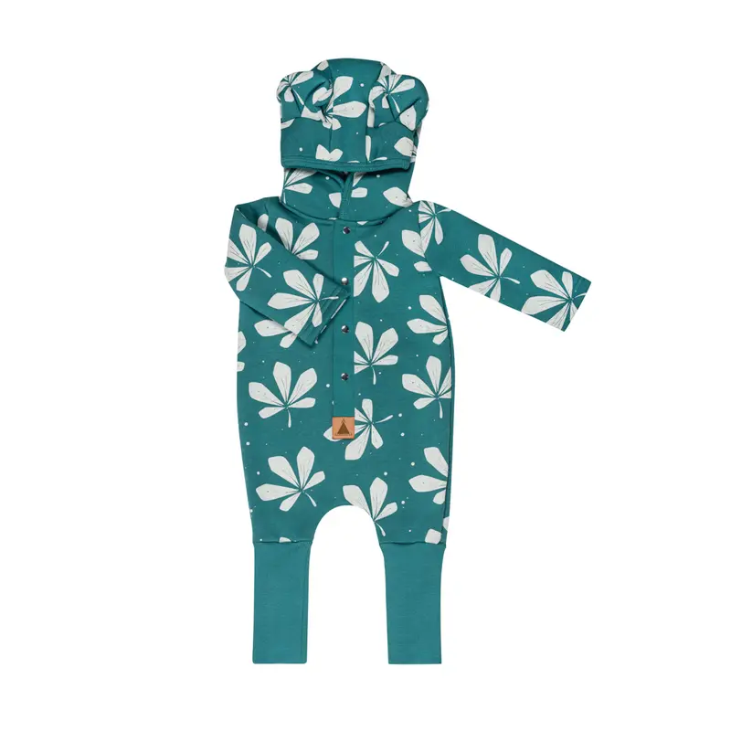 HelloLoomi Eared Jumpsuit for Babies and Kids - Chestnut Leaves on Green