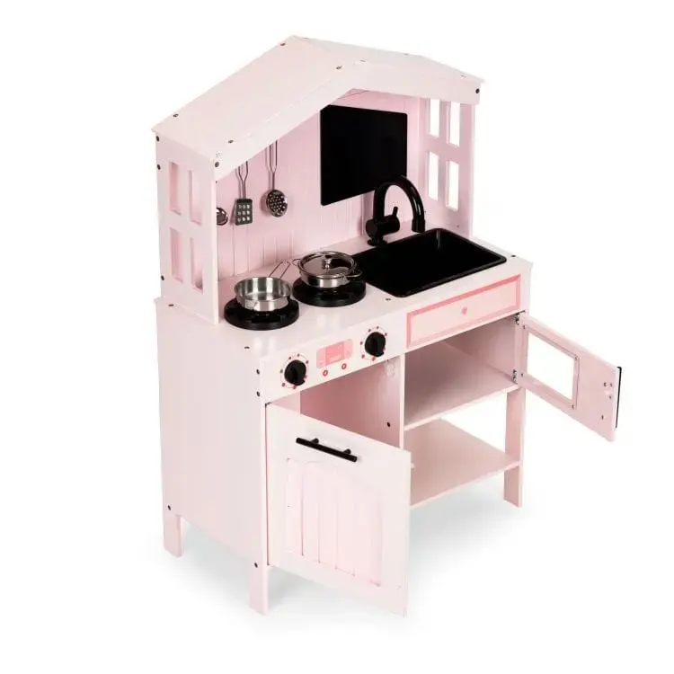 HelloLoomi Pink Wooden Play Kitchen with Oven, Burners, Microwave and Accessories