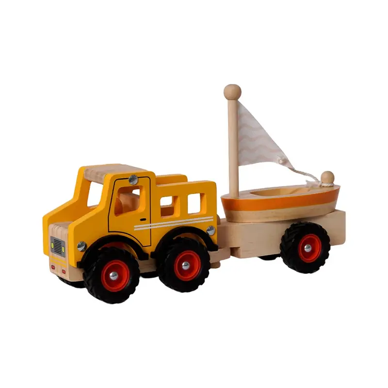 Houten Auto - Truck met Boottrailer - 3 delig