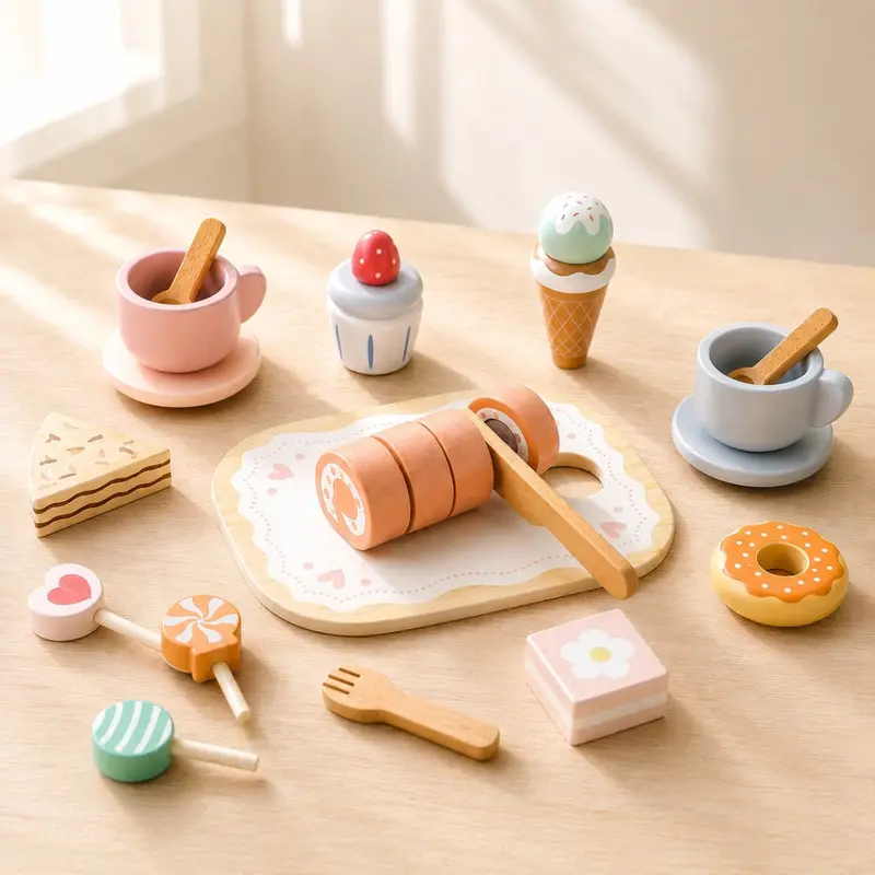 Houten Speelgoed Eten & High Tea Set | Inclusief Taartjes, IJsjes & Snijplank