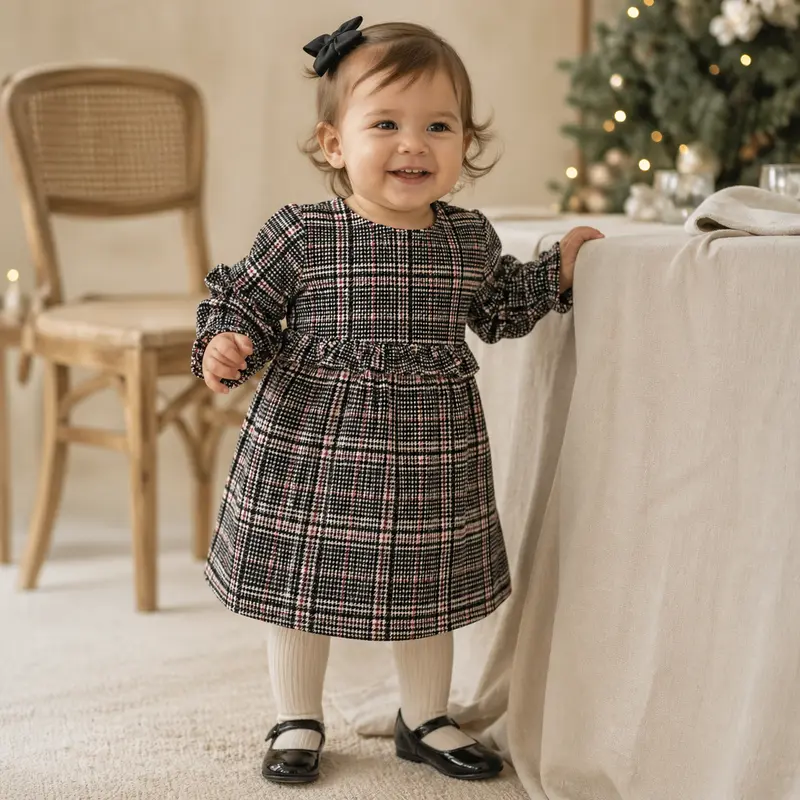 Kalene Girls Black Check Long Sleeve Dress