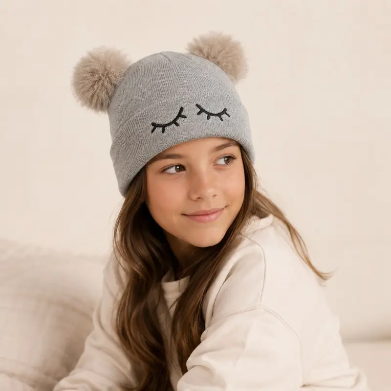 Kids Grey Beanie with Closed Eyes and Faux Fur Pompoms