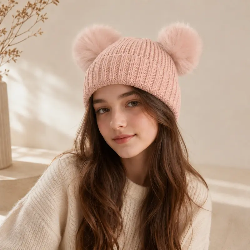 Kids Pink Beanie with Double Faux Fur Pompoms