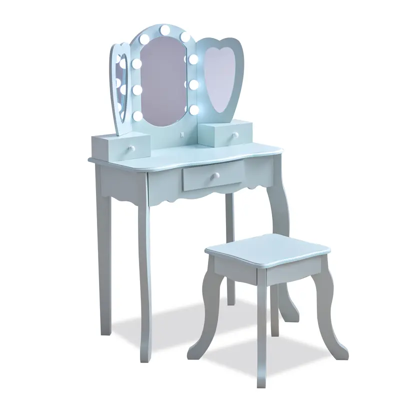 Kids Vanity with LED Lights, Blue - Heart Glow Play Vanity Set by Teamson Kids