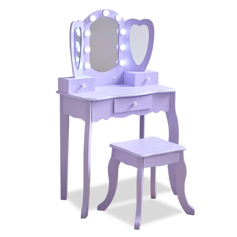 Kids Vanity with LED Lights, Purple - Heart Glow Play Vanity Set by Teamson Kids