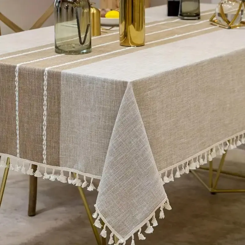 Liora Rond Tafelkleed - Linnenmix, Geometrisch Patroon met Kwastjes