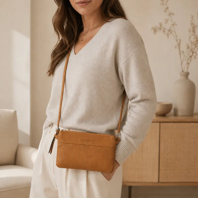 Luisa Batani Camel Leather Crossbody Bag