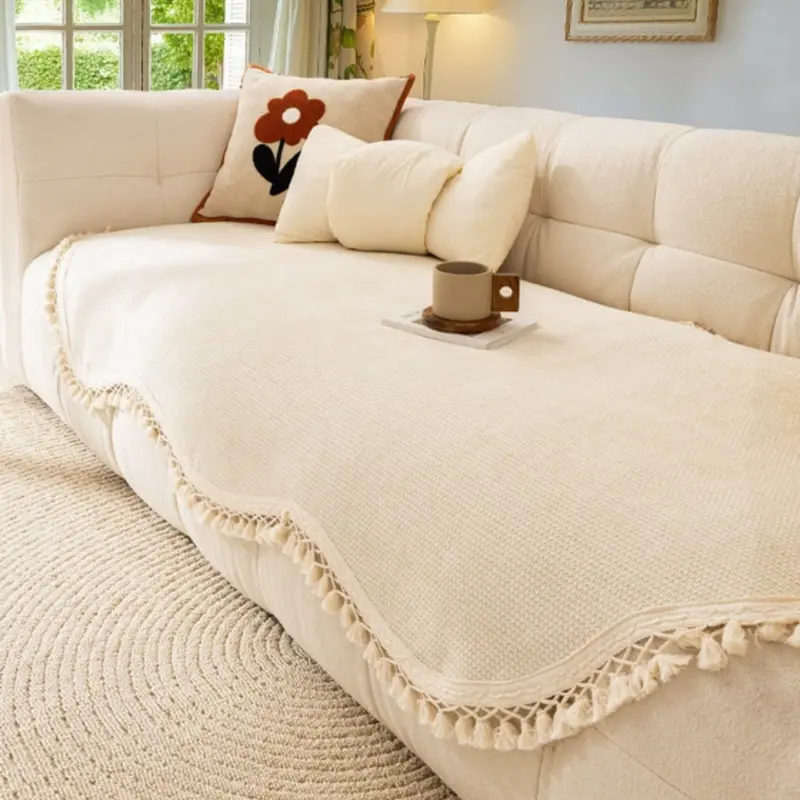 Luxe Chenille Bankhoes - Golf Geweven Structuur met Kwastjes