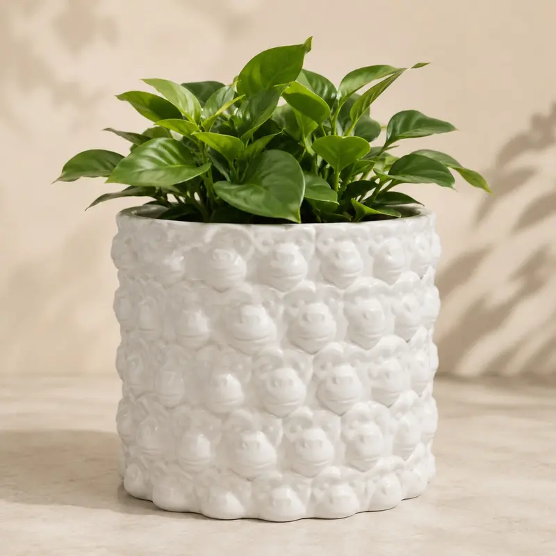 Macaca White Ceramic Flowerpot with Monkey Face Relief