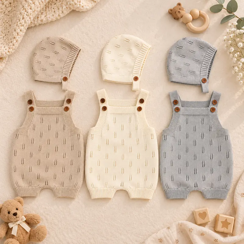 MiniCozy – Zacht & Comfortabel – Gebreide Baby Tuinbroek met Mutsje
