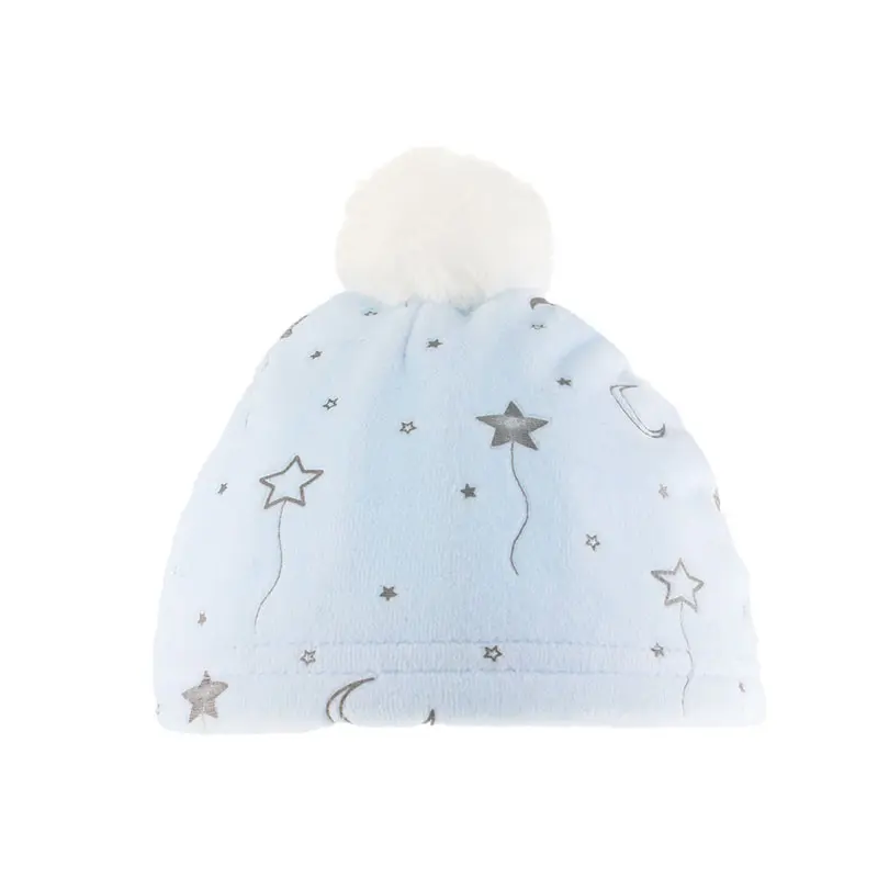 Mutsje pompon, moon & stars - blauw