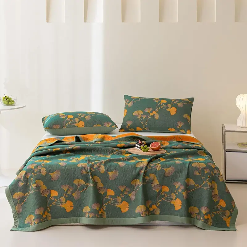 Olina Bedsprei - Katoenen Jacquard, Groen Japans Bloemenpatroon