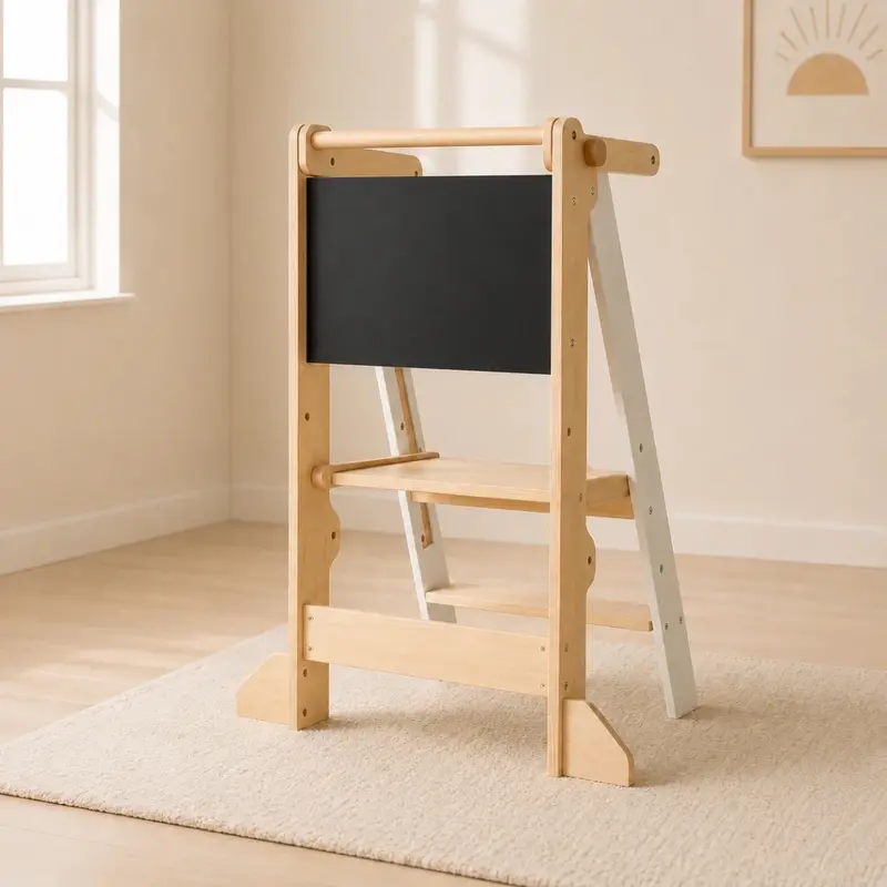 Opvouwbare Houten Leertoren 2-in-1 | Verstelbare Montessori Keukentoren | Wit