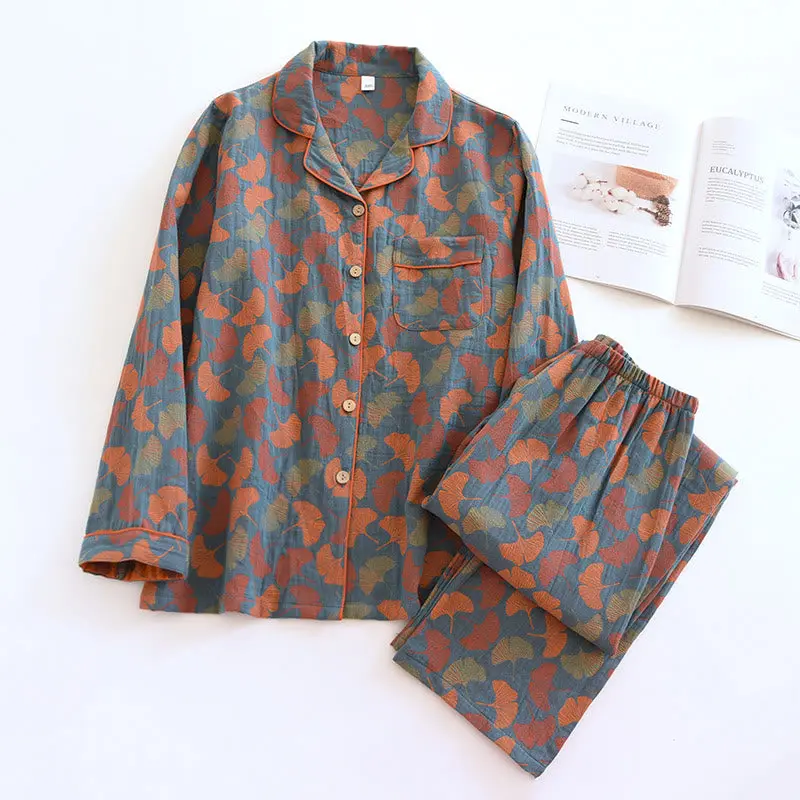 Oriana Loungewearset - Gekamd Katoen, Uniek Ginkgobladpatroon