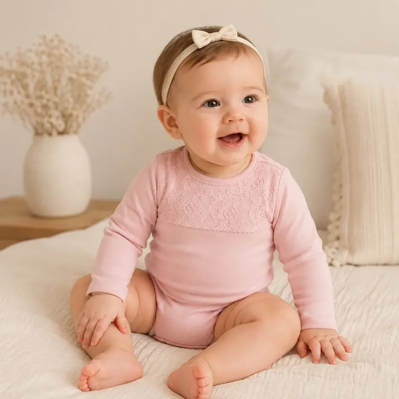 Pytteliten Baby Girls Pink Romper with Lace Detail
