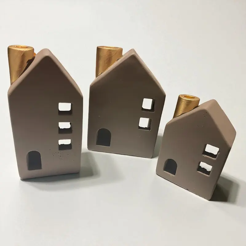 🏠 Set van 3 waxinelicht huisjes met gouden schoorsteen – 11, 15 & 16 cm