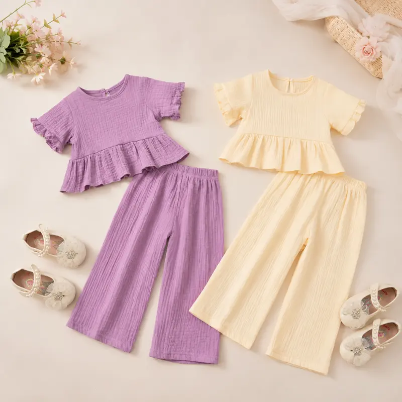 SoftCharm – Elegant & Comfortabel – Meisjes Set met Ruffle Top en Lange Broek