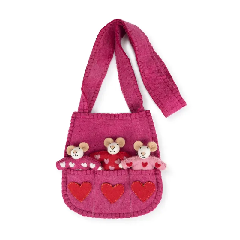 Tasje van wolvilt met vingerpopjes - Muizen - Roze