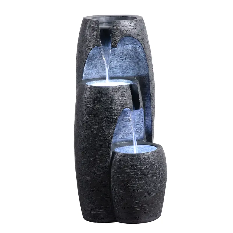 Teamson Home 3-Tier Black Stone Outdoor Fountain with LED-Light, Adjustable Flow
