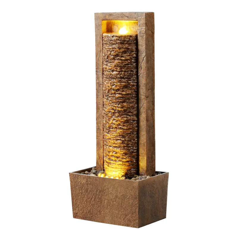 Teamson Home Framed Layered Rock Outdoor Water Fountain with Warm Light, Brown