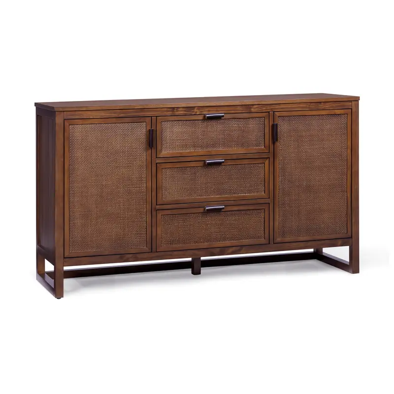 Teamson Home Hatteras Sideboard 140 cm wide with 3 Drawers Rattan Doors, Walnut