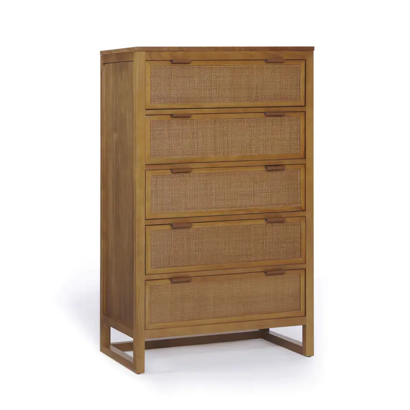 Teamson Home Hatteras Tall Wooden Bedroom Dresser 76 cm wide with 5 Rattan Inset Drawers Natural