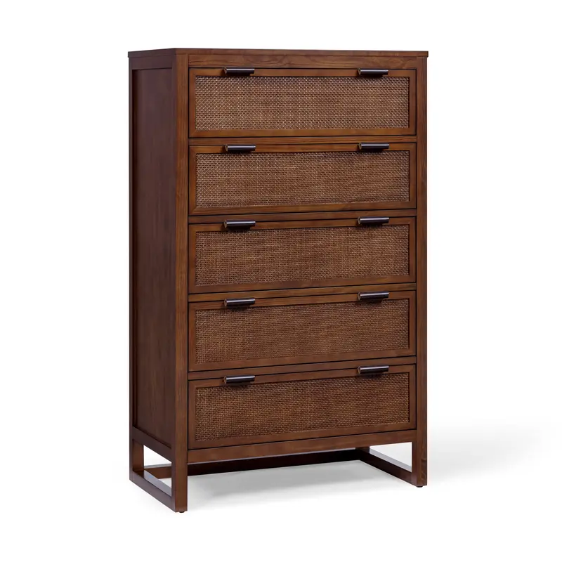 Teamson Home Hatteras Walnut Wood Dresser 127cm tall with 5 Rattan Drawers, Walnut