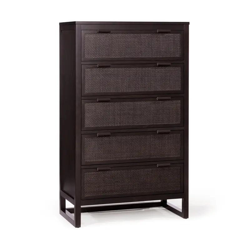 Teamson Home Hatteras Wooden Bedroom Dresser Mocha 5 Rattan Drawers, Espresso