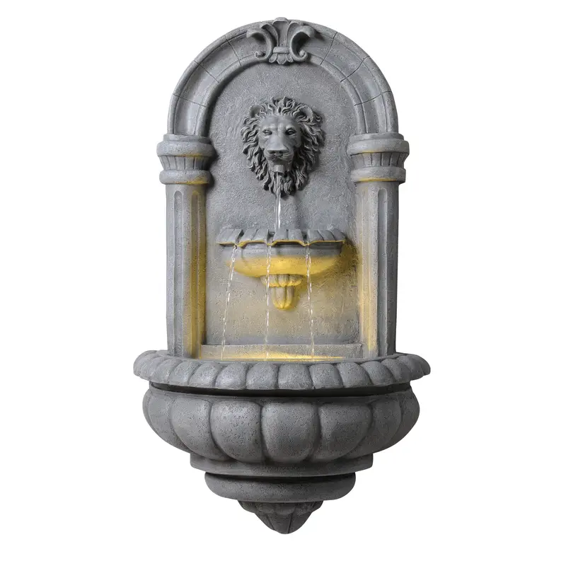Teamson Home Lion Head Wall-Mounted Outdoor Fountain 81 cm tall with Led Lighting, Natural Stone