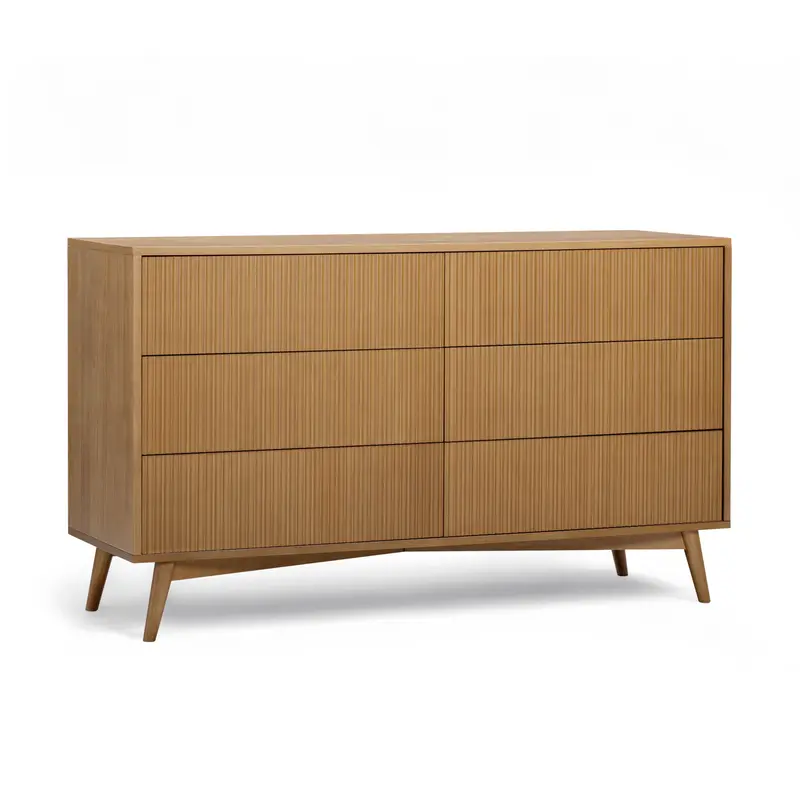Teamson Home Tremolo Wood Dresser 140 cm wide with 6 Fluted Push-Open Drawers Natural