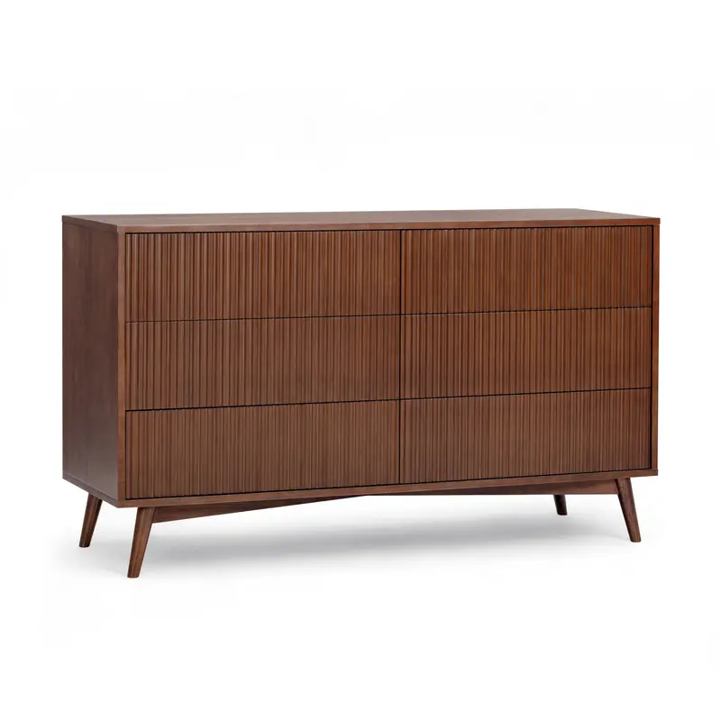 Teamson Home Tremolo Wood Dresser 140cm wide with 6 Fluted Push-Open Drawers, Walnut