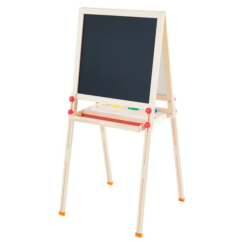 Teamson Kids 3 In 1 Wooden Play Easel Set with 5 Accessories, Whiteboard & Chalkboard, Natural