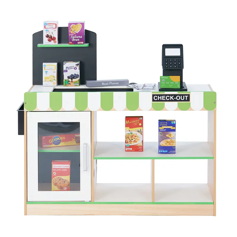 Teamson Kids Cashier Austin Wooden Interactive Play Checkout Counter Stand with 26 Accessories, Green/White/Natural Wood