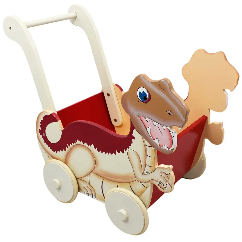 Teamson Kids Dinosaur Kingdom Wooden Push Pull Toy Cart for Children